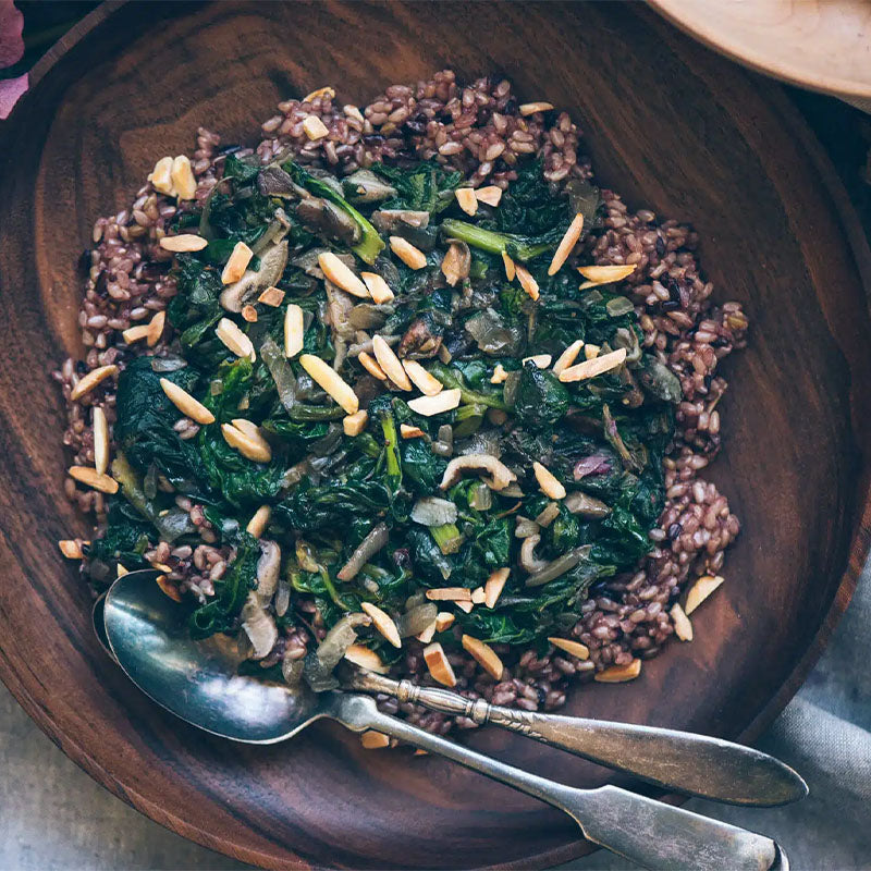 Greens with Mushrooms & Almonds over Rice